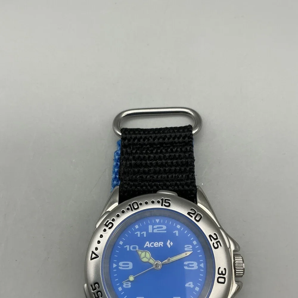 Acer Boys Watch 38mm Blue Dial Silver Tone Black Nylon Strap New Battery
